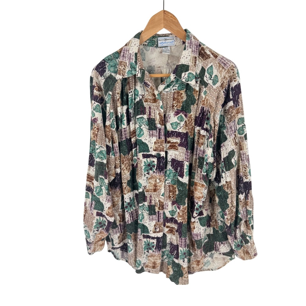 Vintage 90s Maggie Lawrence Sport Button Down Shirt 18/20 Boho Rayon Patchwork